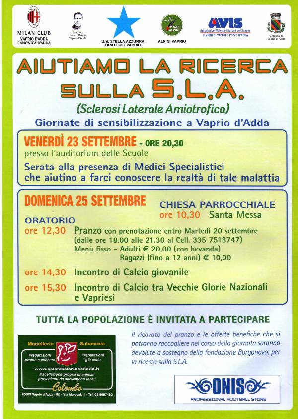 Programma Giornate si sensibilizzazione SLA (Sclerosi Laterale Amiotrofica)